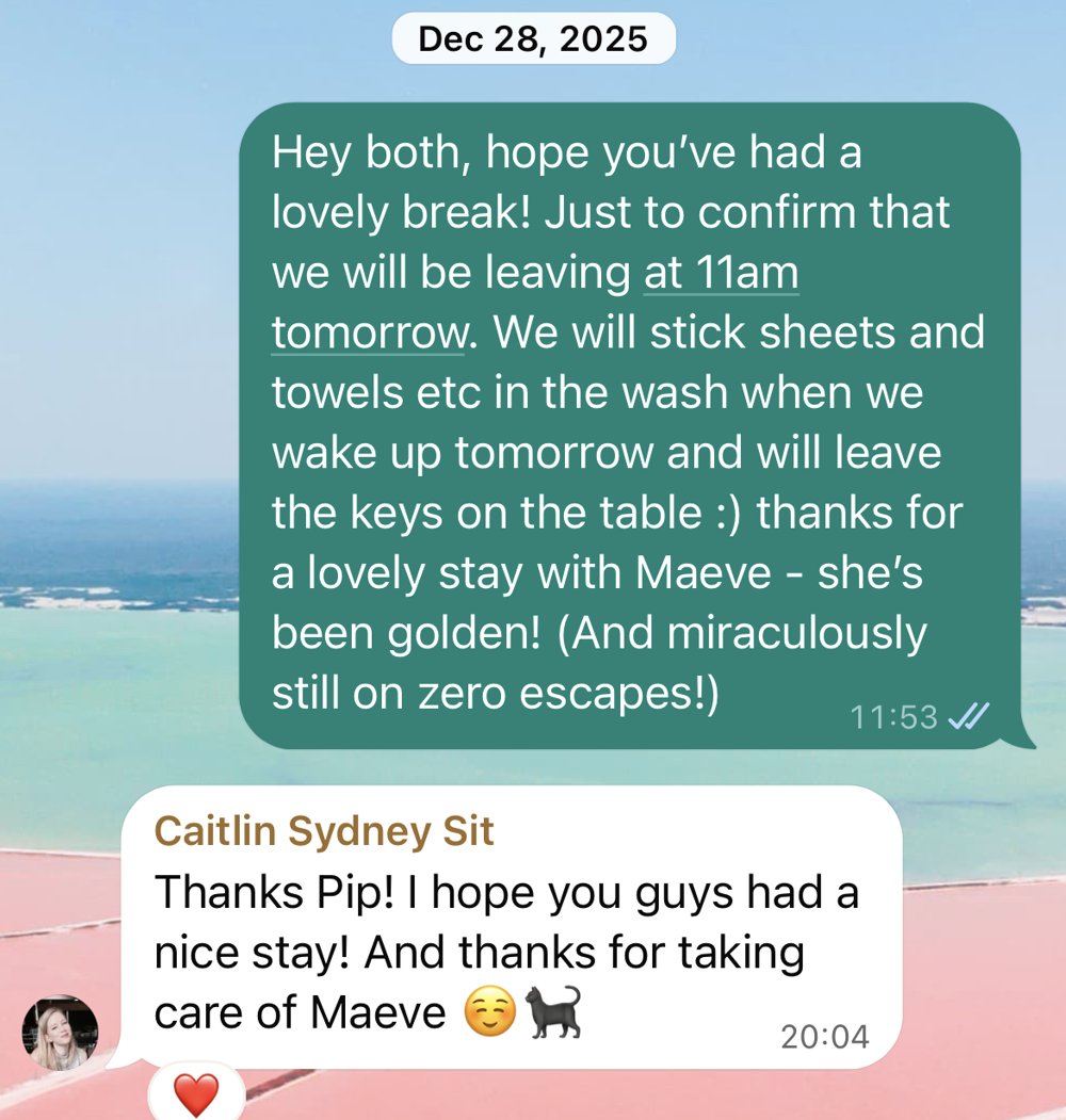 Screenshot of a message thread: Pip thanks Caitlin for a lovely stay with Maeve, and Caitlin replies: Thanks Pip! I hope you guys had a nice stay! And thanks for taking care of Maeve.